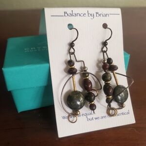 'Dragon Slayer' asymmetrical green red gold bead modern art earrings